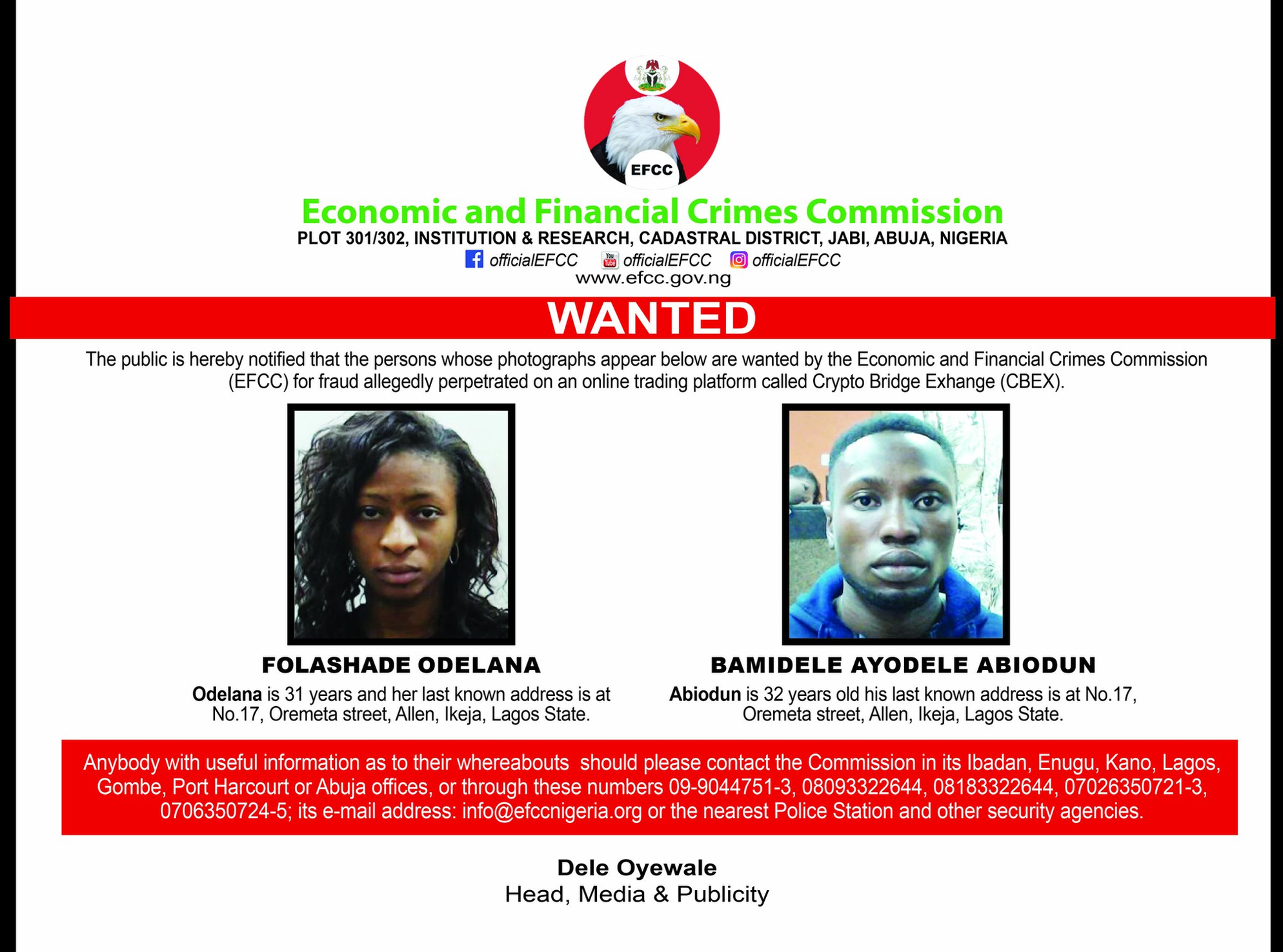 EFCC Declares Two More Suspects Wanted Over NGN 1.3 Trillion CBEX Crypto Fraud